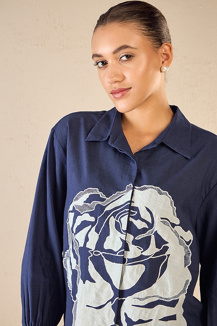 Indigo Cotton Floral Applique Embroidered Co-Ord Set by Shivani Bhargava at Pernia's Pop Up Shop
