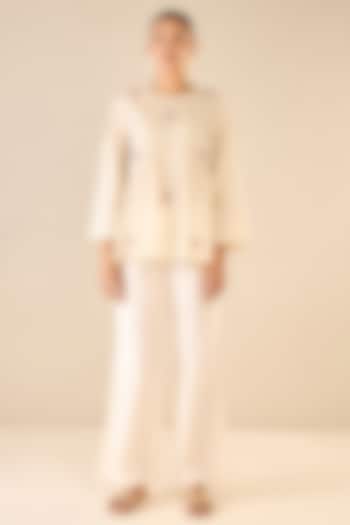 Ivory Cotton Floral Embroidered Co-Ord Set by Shivani Bhargava at Pernia's Pop Up Shop