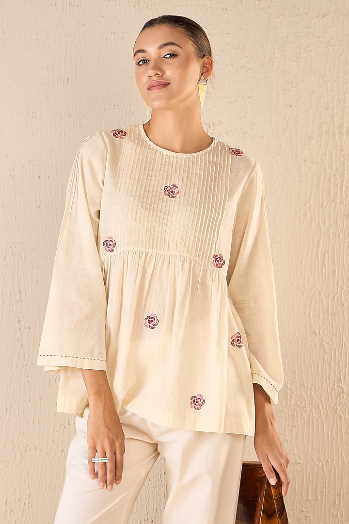 Ivory Cotton Floral Embroidered Co-Ord Set by Shivani Bhargava at Pernia's Pop Up Shop