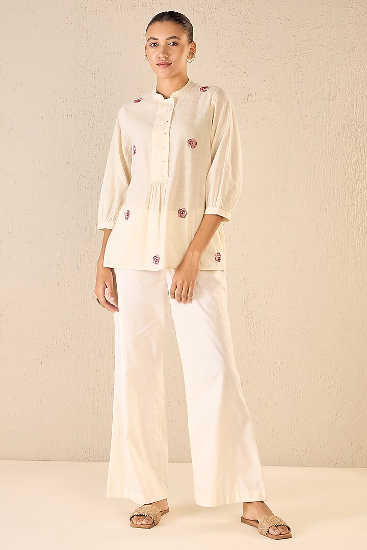 Ivory Cotton Floral Embroidered Co-Ord Set by Shivani Bhargava at Pernia's Pop Up Shop