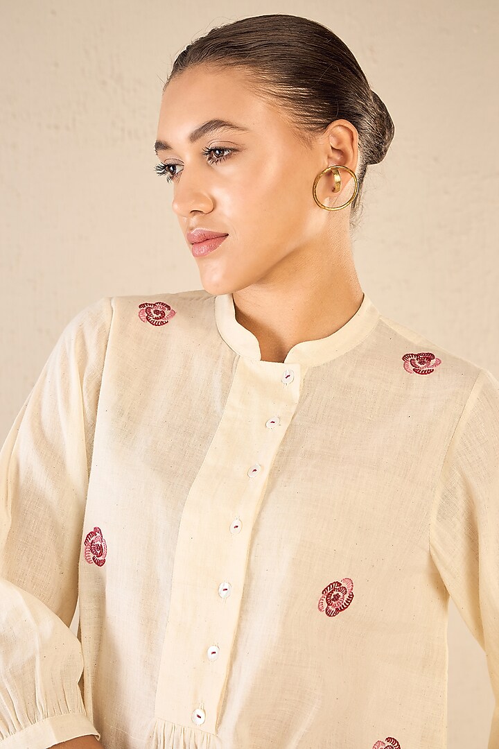 Ivory Cotton Floral Embroidered Co-Ord Set by Shivani Bhargava at Pernia's Pop Up Shop