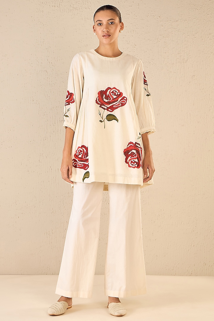Ivory Cotton Floral Embroidered Co-Ord Set by Shivani Bhargava at Pernia's Pop Up Shop
