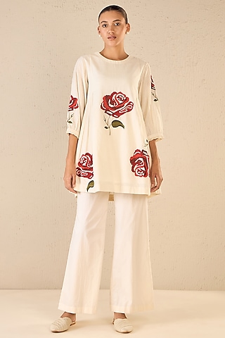 Ivory Cotton Floral Embroidered Co-Ord Set by Shivani Bhargava