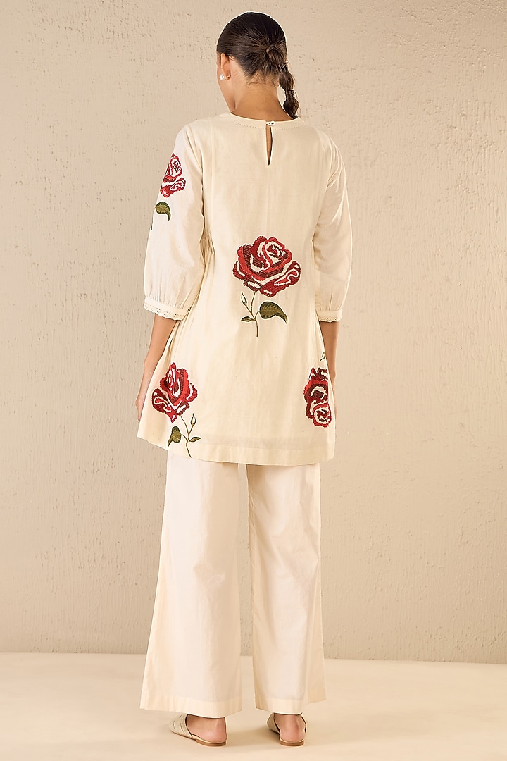 Ivory Cotton Floral Embroidered Co-Ord Set by Shivani Bhargava at Pernia's Pop Up Shop