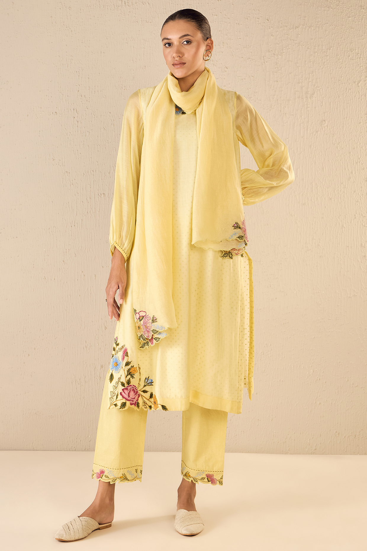 Yellow Chanderi Floral Embroidered Kurta Set by Shivani Bhargava at Pernia's Pop Up Shop