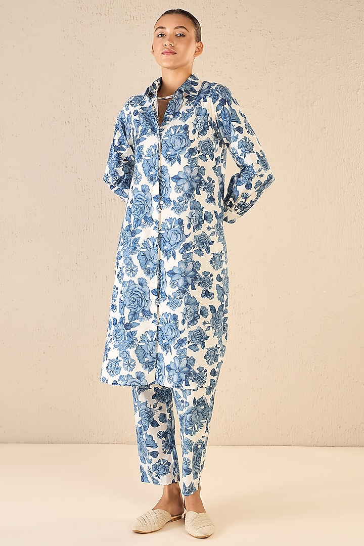 Blue Cotton Floral Printed Co-Ord Set by shivani bhargava at Pernia's Pop Up Shop
