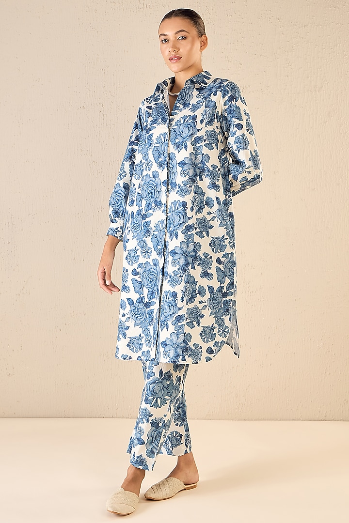 Blue Cotton Floral Printed Co-Ord Set by shivani bhargava at Pernia's Pop Up Shop