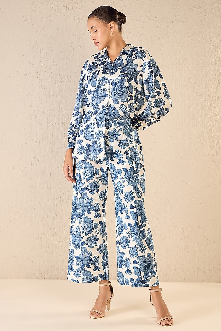 Blue Bemberg Satin & Cotton Floral Printed Co-Ord Set by shivani bhargava at Pernia's Pop Up Shop