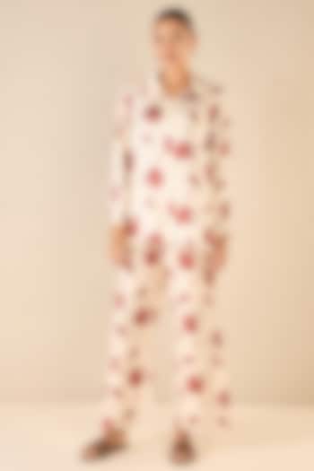 White & Red Bemberg Satin Floral Printed Co-Ord Set by shivani bhargava at Pernia's Pop Up Shop