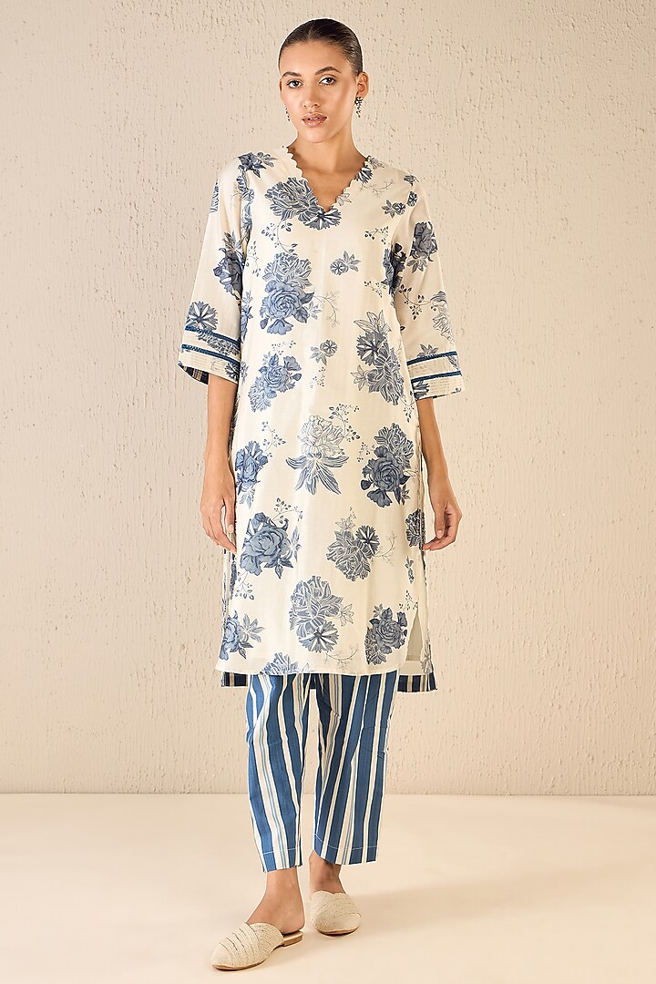 White & Blue Chanderi Floral Printed Kurta Set by shivani bhargava at Pernia's Pop Up Shop