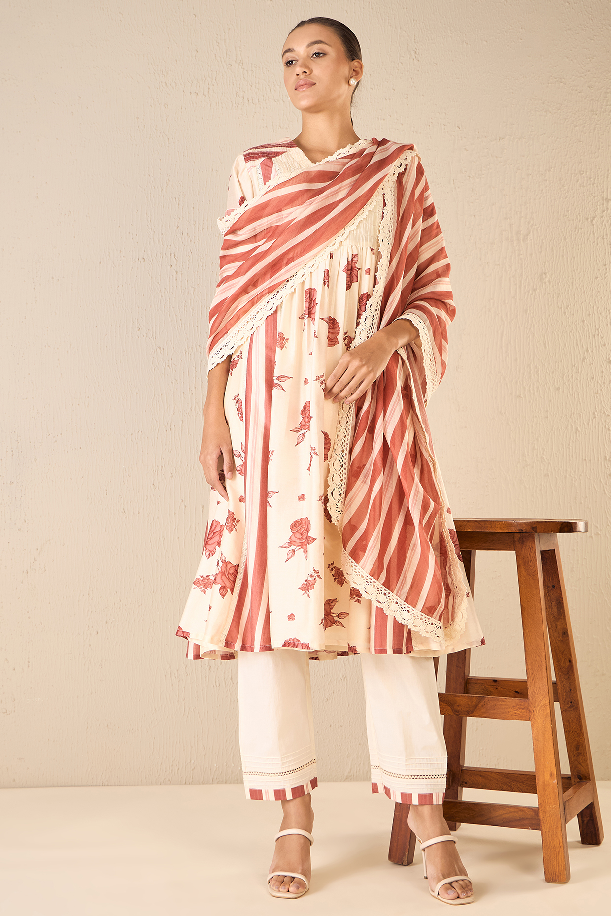 Red & Ivory Chanderi Floral Printed Party Wear Anarkali Set by shivani bhargava at Pernia's Pop Up Shop