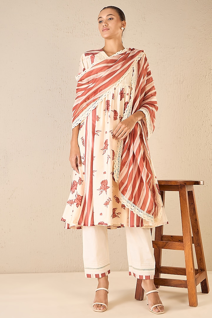 Red & Ivory Chanderi Floral Printed Party Wear Anarkali Set by shivani bhargava at Pernia's Pop Up Shop