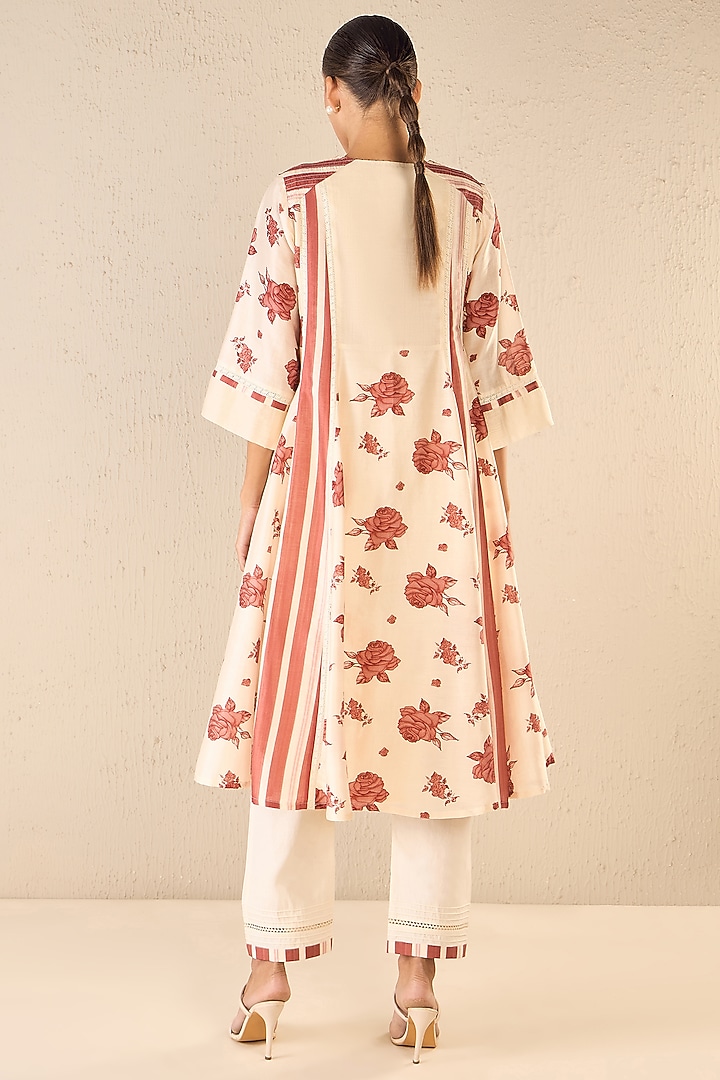 Red & Ivory Chanderi Floral Printed Party Wear Anarkali Set by shivani bhargava at Pernia's Pop Up Shop