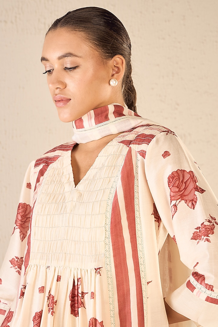 Red & Ivory Chanderi Floral Printed Party Wear Anarkali Set by shivani bhargava at Pernia's Pop Up Shop