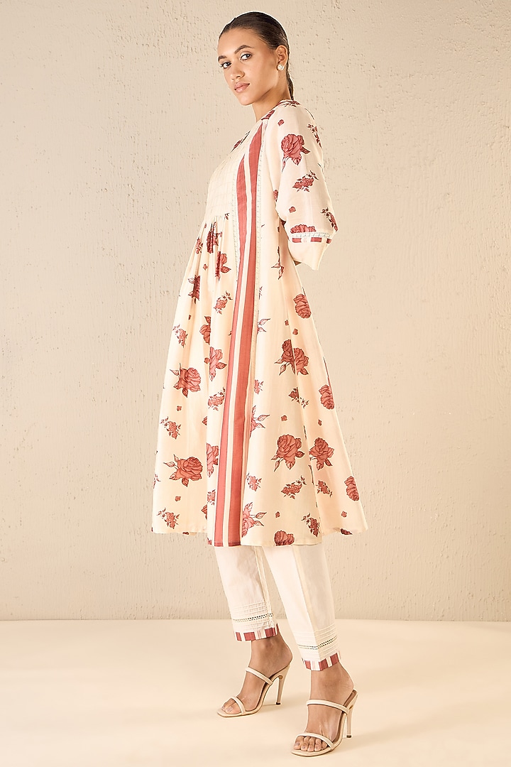 Red & Ivory Chanderi Floral Printed Party Wear Anarkali Set by shivani bhargava at Pernia's Pop Up Shop