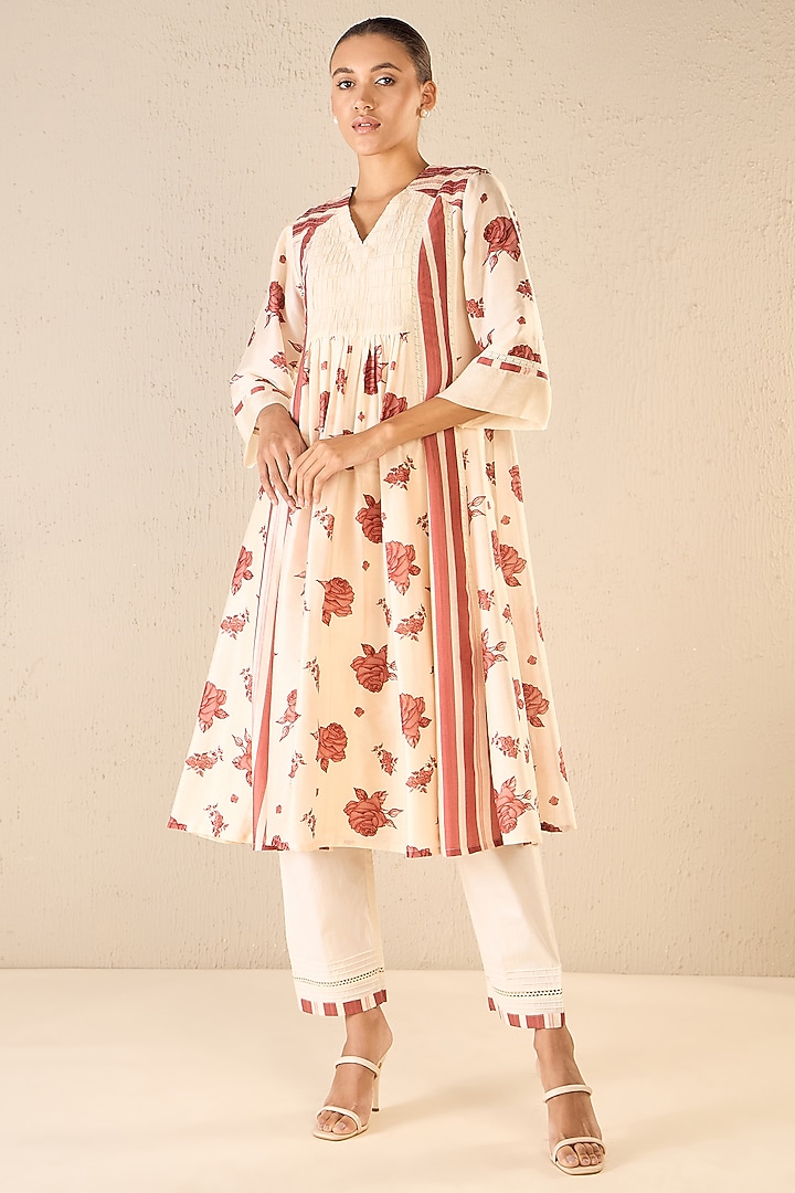 Red & Ivory Chanderi Floral Printed Party Wear Anarkali Set by shivani bhargava at Pernia's Pop Up Shop