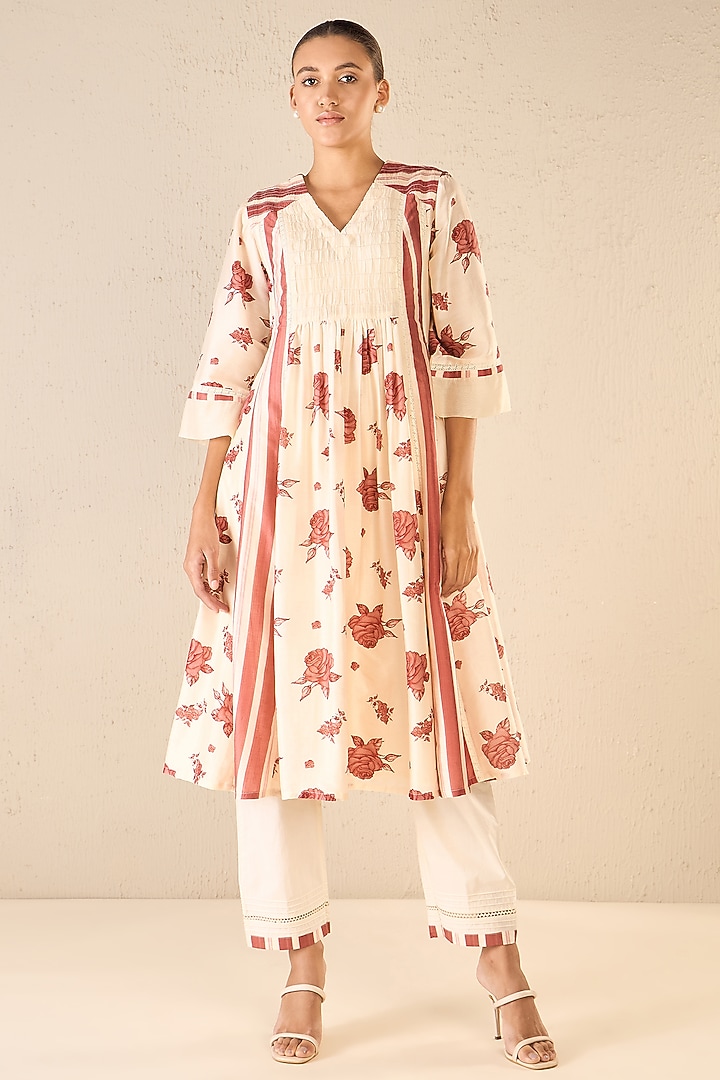 Red & Ivory Chanderi Floral Printed Party Wear Anarkali Set by shivani bhargava at Pernia's Pop Up Shop