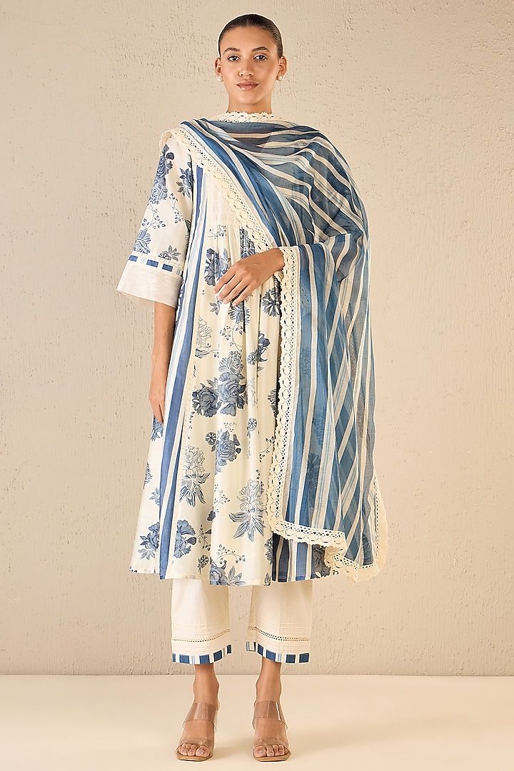 Blue & White Chanderi Floral Printed Anarkali Set by shivani bhargava at Pernia's Pop Up Shop