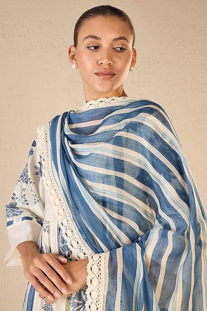 Blue & White Chanderi Floral Printed Party Wear Anarkali Set by shivani bhargava at Pernia's Pop Up Shop