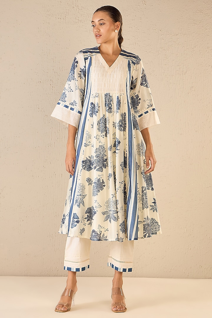 Blue & White Chanderi Floral Printed Party Wear Anarkali Set by shivani bhargava at Pernia's Pop Up Shop