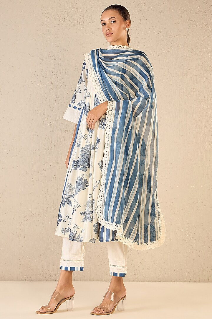 Blue & White Chanderi Floral Printed Party Wear Anarkali Set by shivani bhargava at Pernia's Pop Up Shop
