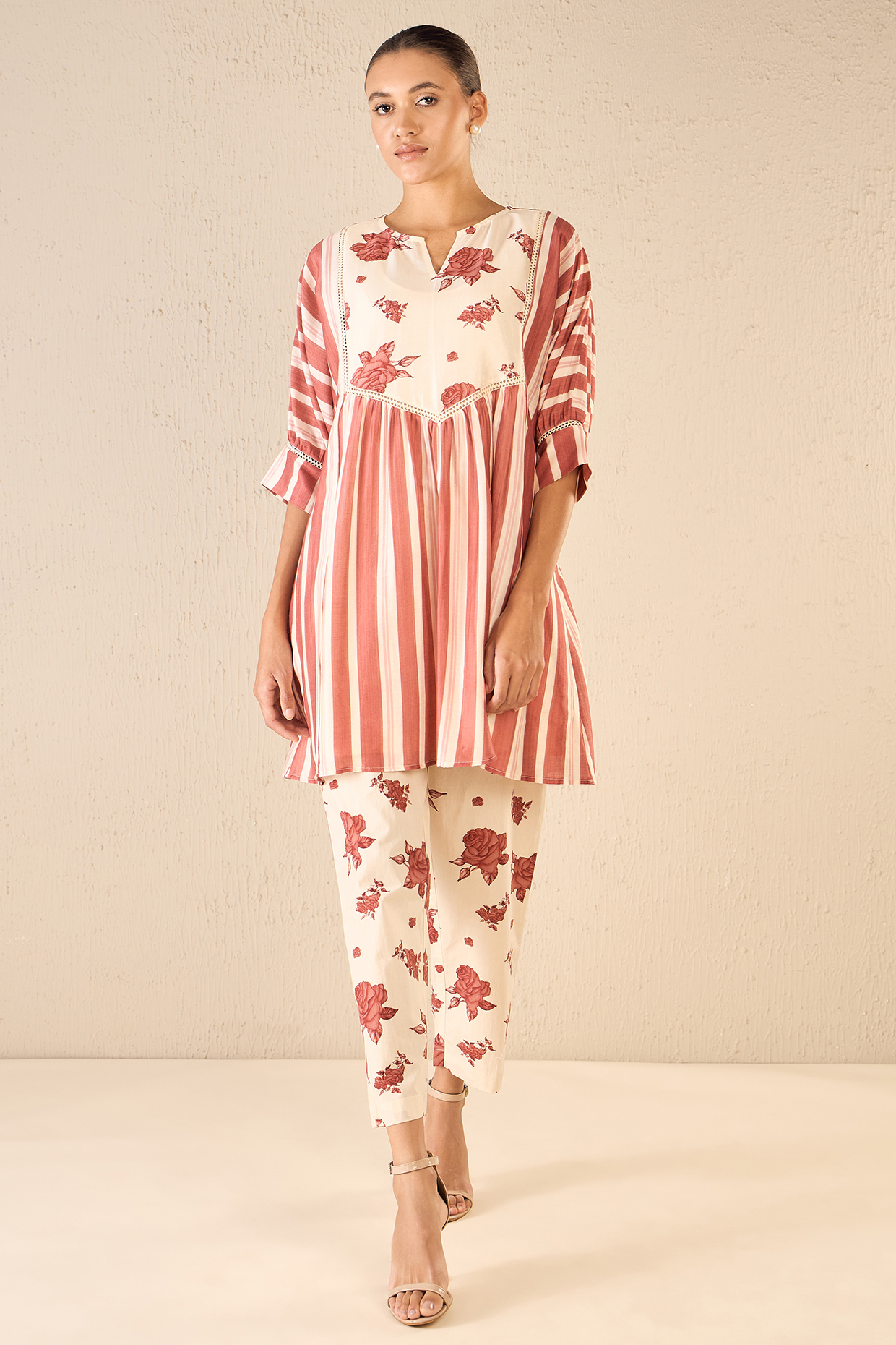 Red Chanderi Striped Cape Set by shivani bhargava at Pernia's Pop Up Shop