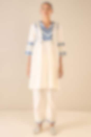 Ivory & Blue Cotton Striped Cape Set by shivani bhargava at Pernia's Pop Up Shop