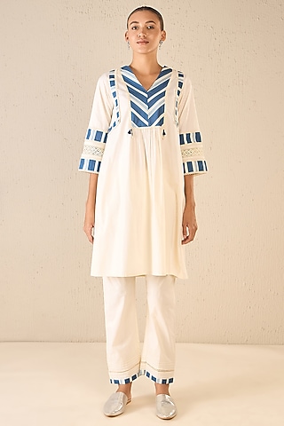 Ivory & Blue Cotton Striped Cape Set by shivani bhargava