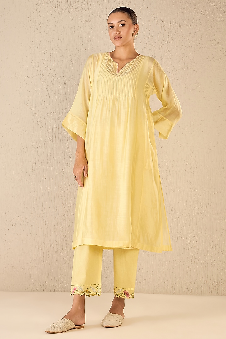 Yellow Chanderi Choga Kurta Set by shivani bhargava at Pernia's Pop Up Shop