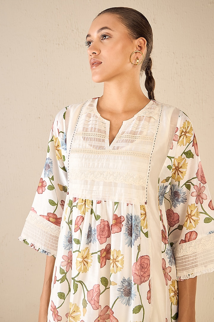Multi-Colored Chanderi Floral Printed Kurta Set by shivani bhargava at Pernia's Pop Up Shop
