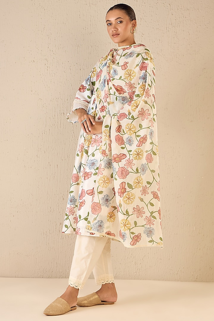 Multi-Colored Chanderi Floral Printed Kurta Set by shivani bhargava at Pernia's Pop Up Shop
