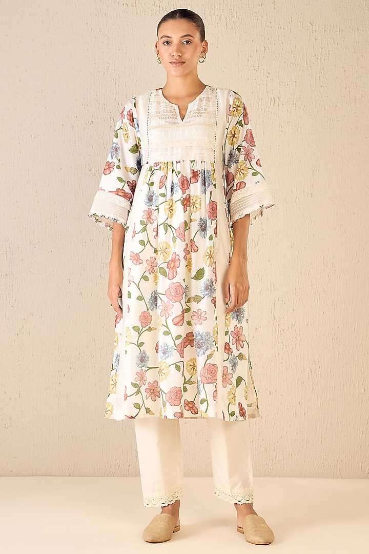Multi-Colored Chanderi Floral Printed Kurta Set by shivani bhargava at Pernia's Pop Up Shop