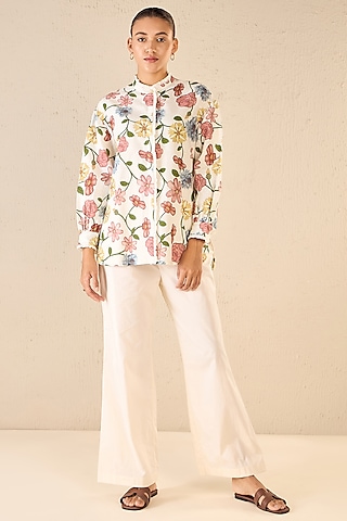 Multi-Colored Cotton Linen Floral Printed Co-Ord Set by shivani bhargava