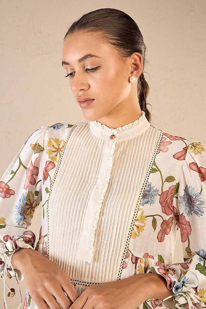 Multi-Colored Chanderi Floral Printed Midi Vacation Dress by shivani bhargava at Pernia's Pop Up Shop