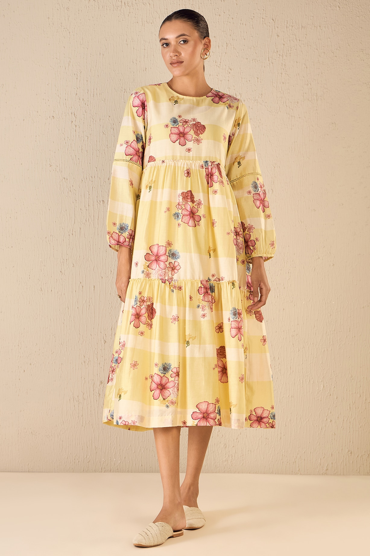 Yellow White Cotton Floral Printed Midi Tiered Dress by shivani