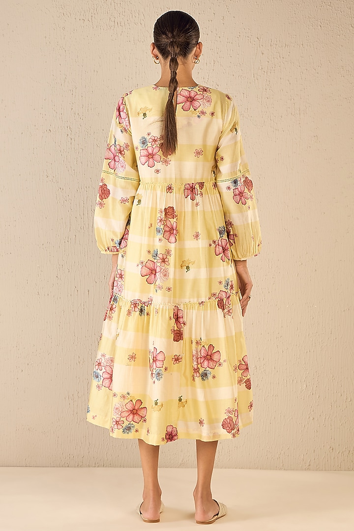 Yellow & White Cotton Floral Printed Midi Tiered Summer Dress by shivani bhargava at Pernia's Pop Up Shop