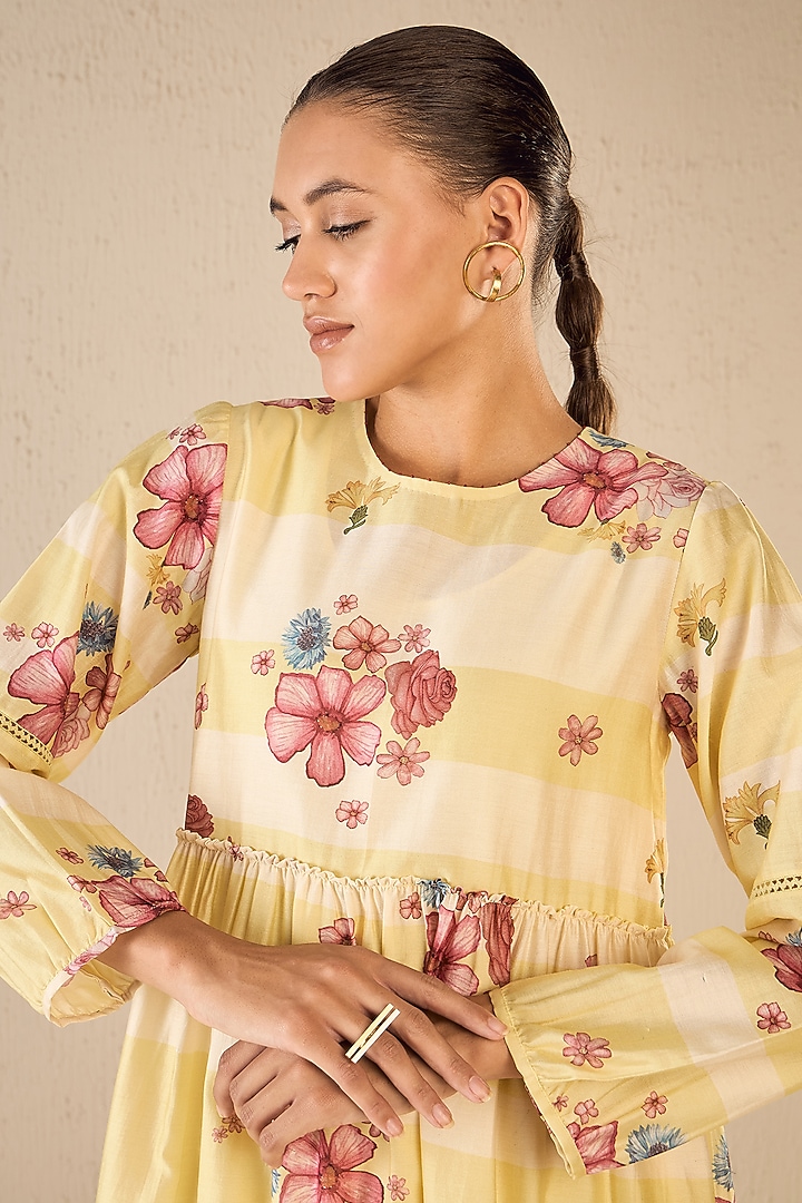 Yellow & White Cotton Floral Printed Midi Tiered Summer Dress by shivani bhargava at Pernia's Pop Up Shop