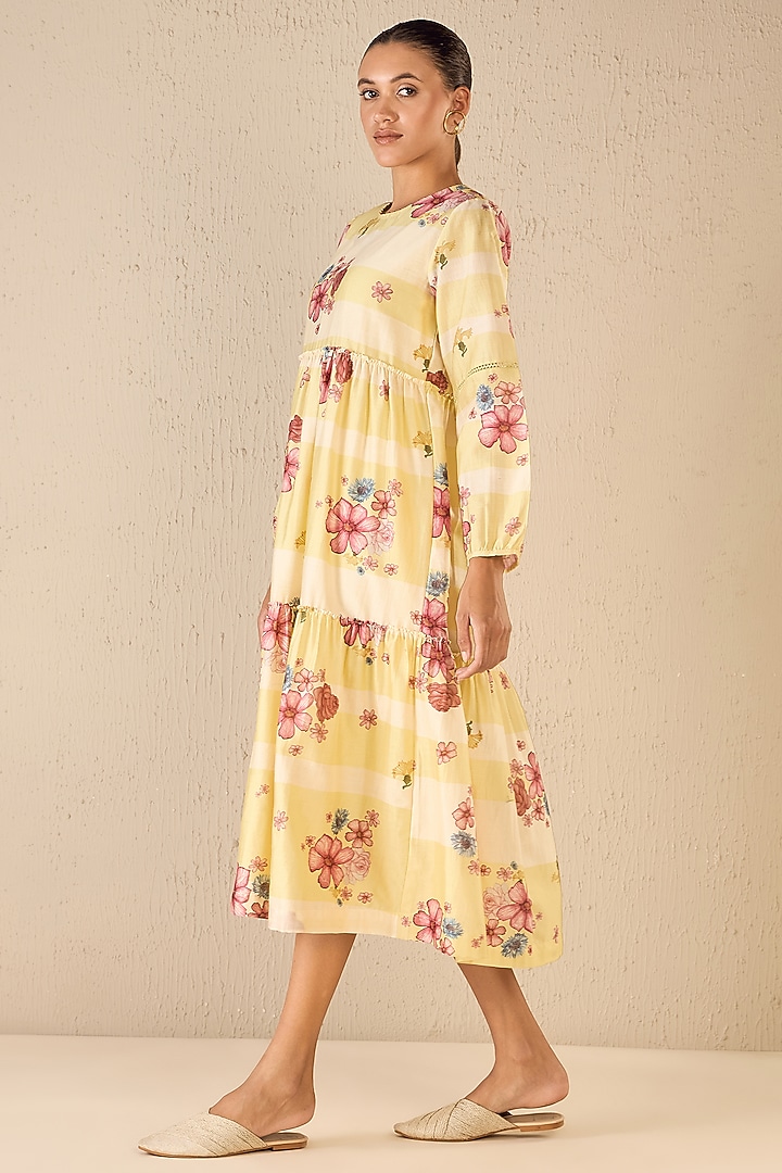 Yellow & White Cotton Floral Printed Midi Tiered Summer Dress by shivani bhargava at Pernia's Pop Up Shop
