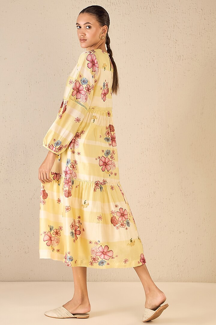 Yellow & White Cotton Floral Printed Midi Tiered Summer Dress by shivani bhargava at Pernia's Pop Up Shop