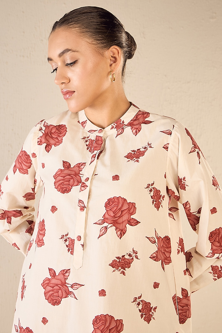 White & Red Cotton Rose Printed Co-Ord Set by shivani bhargava at Pernia's Pop Up Shop