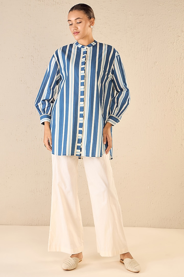 Blue Cotton Striped Co-Ord Set by shivani bhargava at Pernia's Pop Up Shop