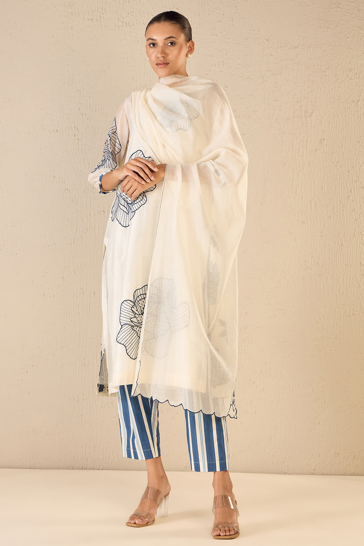 White & Blue Chanderi Embroidered Kurta Set by shivani bhargava at Pernia's Pop Up Shop