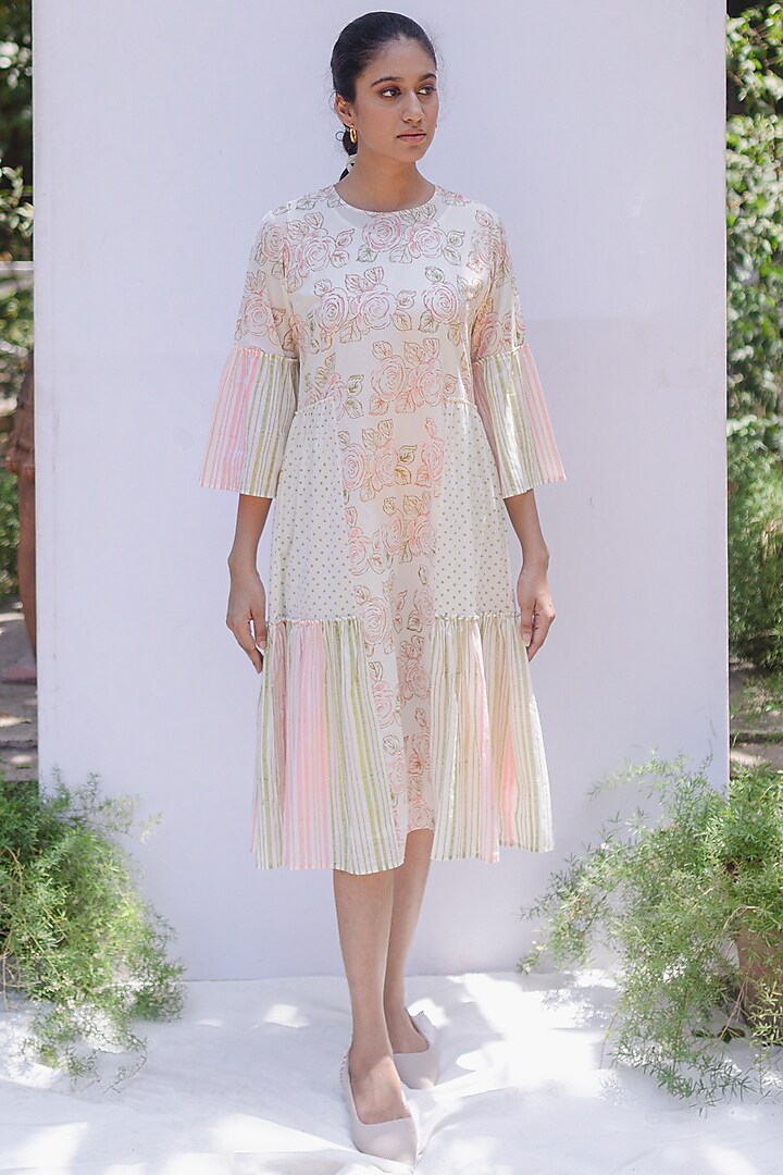Ivory Printed & Striped Summer Dress by Shivani Bhargava at Pernia's Pop Up Shop