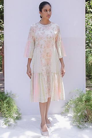Ivory Printed & Striped Dress by Shivani Bhargava