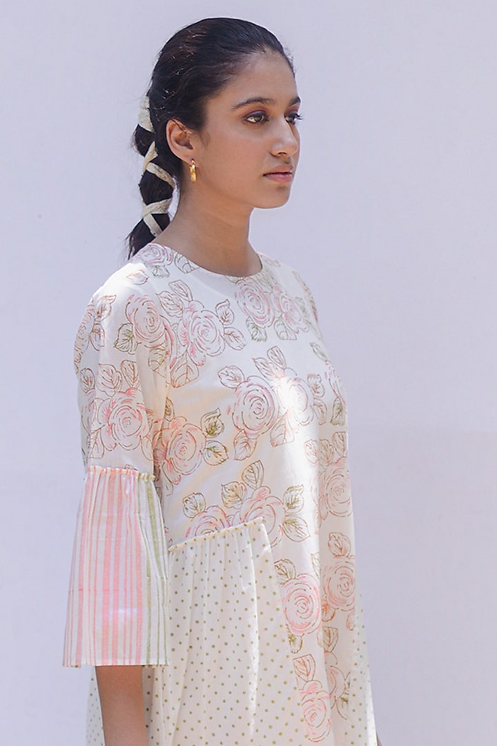 Ivory Printed & Striped Summer Dress by Shivani Bhargava at Pernia's Pop Up Shop