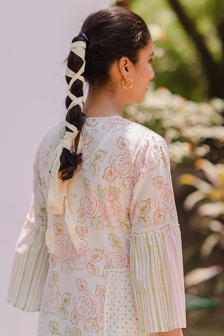 Ivory Printed & Striped Summer Dress by Shivani Bhargava at Pernia's Pop Up Shop