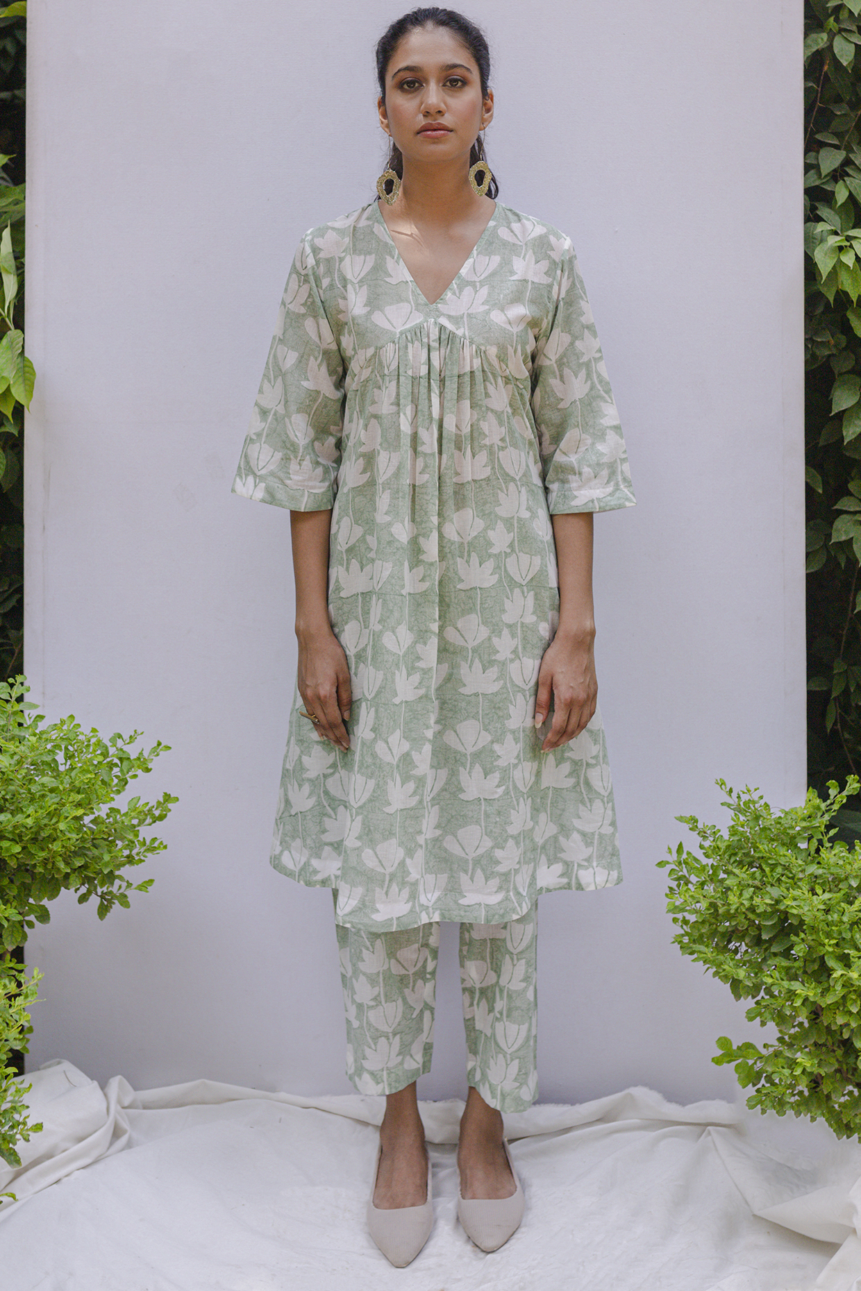 Sage Green Hand Block Printed Tunic Set by Shivani Bhargava at Pernia's Pop Up Shop