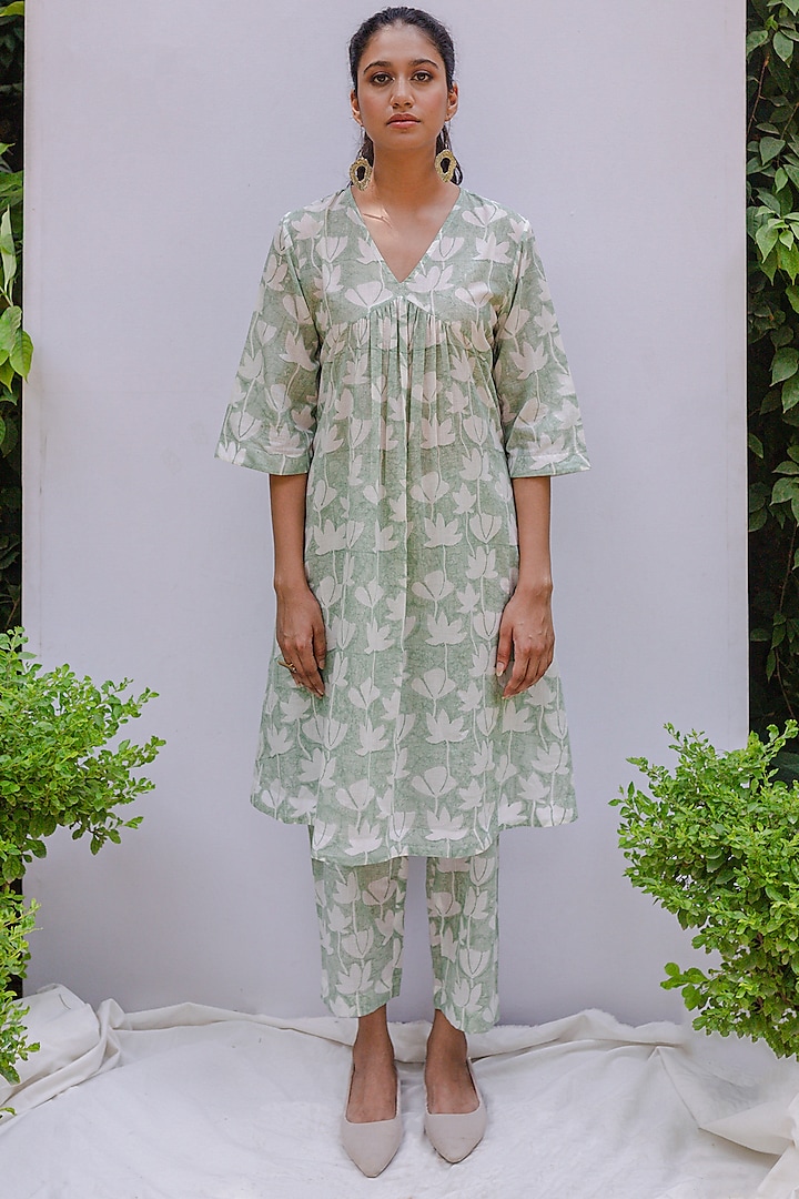Sage Green Hand Block Printed Tunic Set by Shivani Bhargava at Pernia's Pop Up Shop