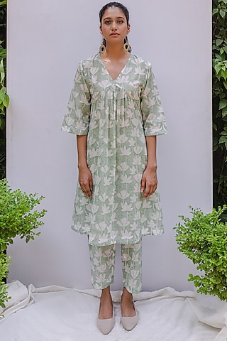 Sage Green Hand Block Printed Tunic Set by Shivani Bhargava