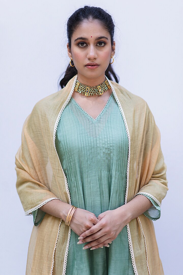 Sage Green Pintucked Kurta Set by Shivani Bhargava at Pernia's Pop Up Shop